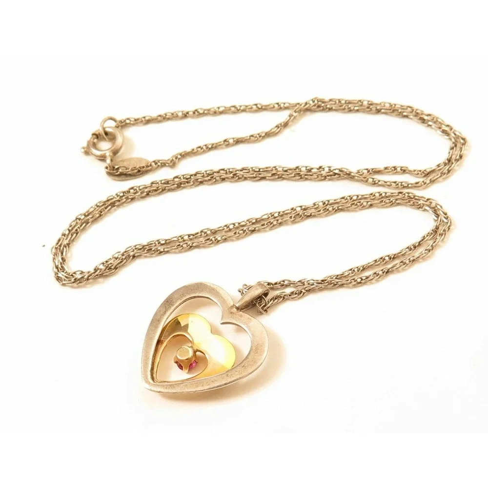 Vintage Fine Signed WRE Sterling‎ Silver Two Toned Ruby Heart Pendant Necklace
